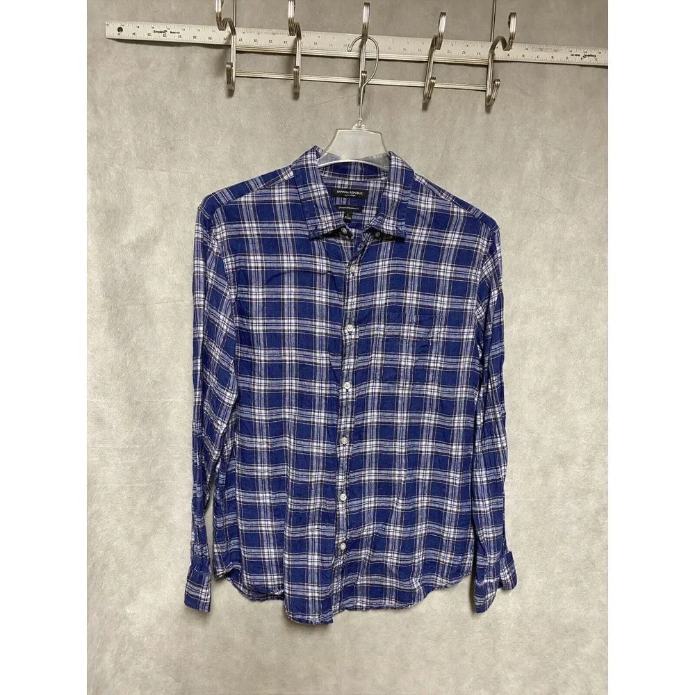Banana Republic Shirt Men L Blue‎ Plaid Linen Button Up Camden Standard Casual